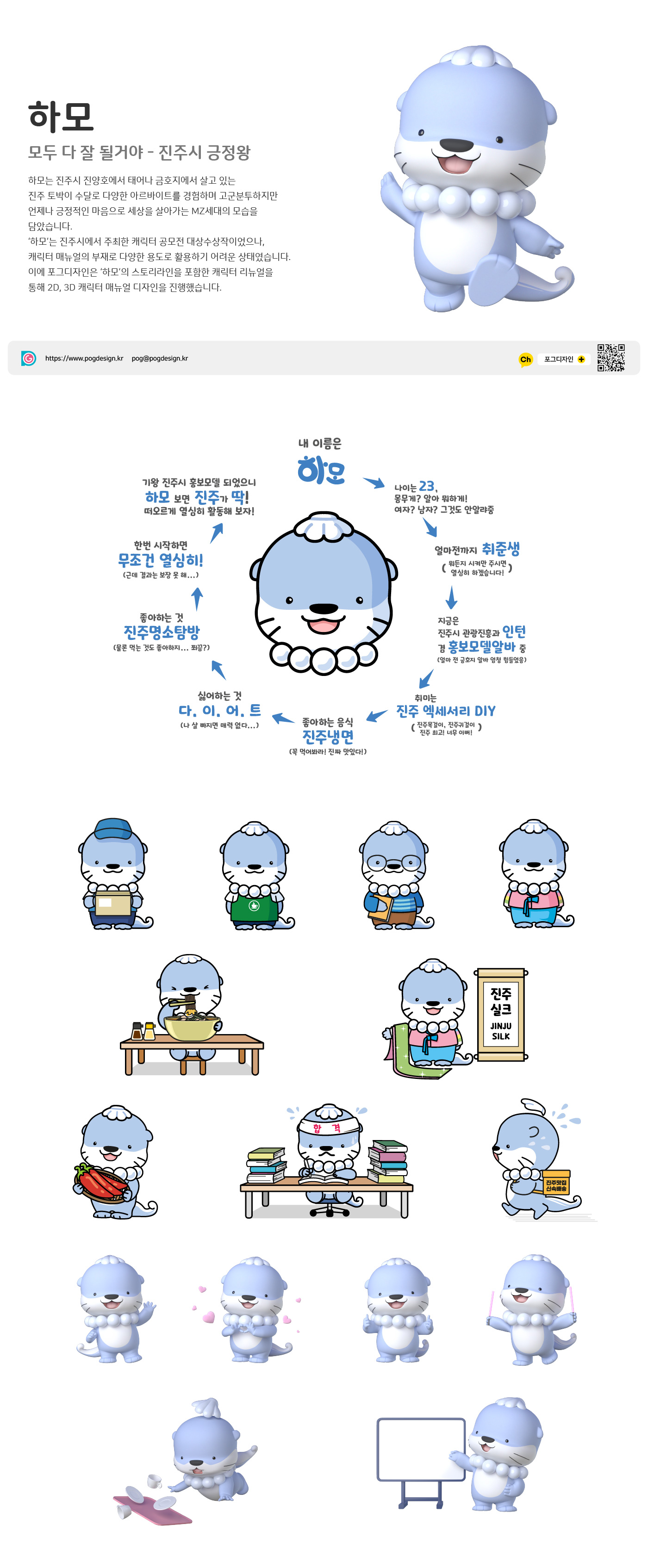 하모, 모두 다 잘 될거야 – 진주시 긍정왕, 하모는 진주시 진양호에서 태어나 금호지에서 살고 있는 진주 토박이 수달로 다양한 아르바이트를 경험하며 고군분투하지만 언제나 긍정적인 마음으로 세상을 살아가는 MZ세대의 모습을 담았습니다. ‘하모’는 진주시에서 주최한 캐릭터 공모전 대상수상작이었으나, 캐릭터 매뉴얼의 부재로 다양한 용도로 활용하기 어려운 상태였습니다. 이에 포그디자인은 ‘하모’의 스토리라인을 포함한 캐릭터 리뉴얼을 통해 2D, 3D 캐릭터 매뉴얼 디자인을 진행했습니다.
